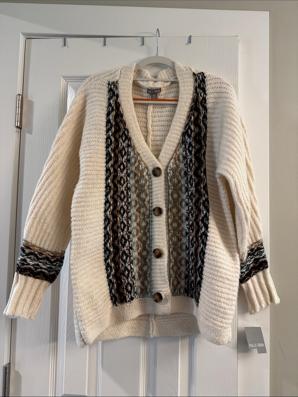 Falls Creek Cream Cardigan with Black and Brown Patterned Panels